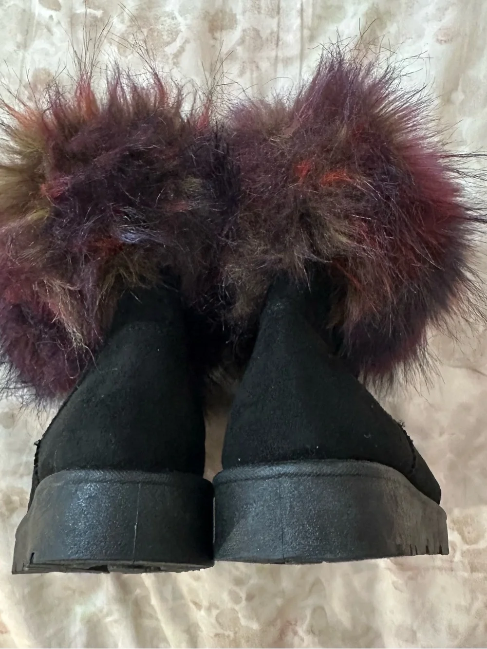 Dolls Kill Black Boots with Multicolor Faux Fur Cuff